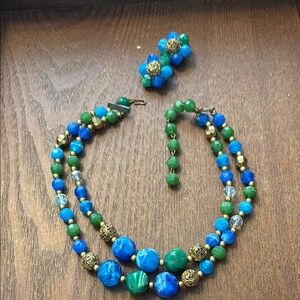 Vintage Elegant Blue and Green Beaded Necklace &clip earrings Set